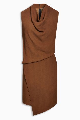 Brown Asymmetric Cowl Neck Dress